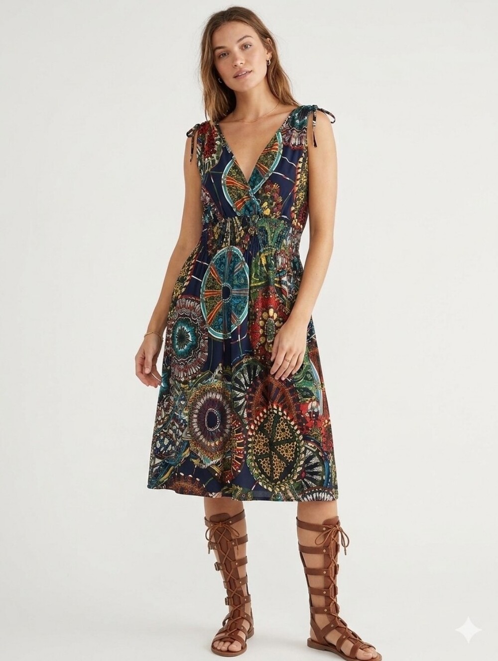 Women's Mandala Kaleidoscope Print Deep V-Neck Tank Dress, Size M